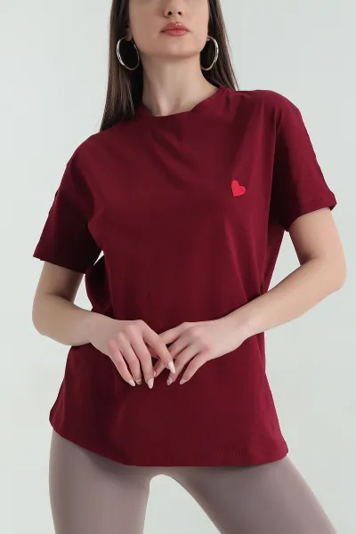 Bordo Nakış Detay Süprem Kadın Tişört 354491