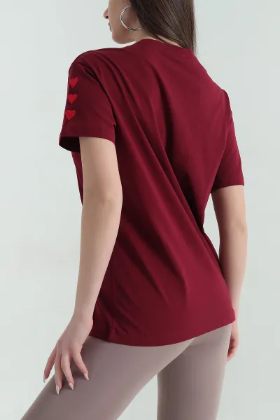 Bordo Nakış Detay Süprem Kadın Tişört 354491