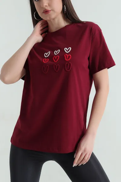 Bordo Nakış İşlemeli Süprem Kadın Tişört 354486