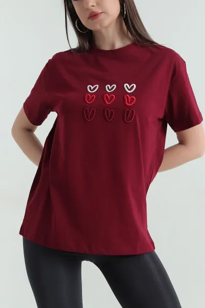 Bordo Nakış İşlemeli Süprem Kadın Tişört 354486