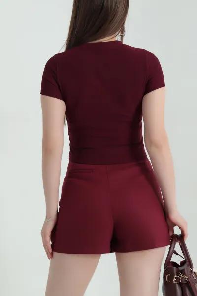 Bordo Nakışlı Bisiklet Yaka Ottoman Kadın Bluz 346351