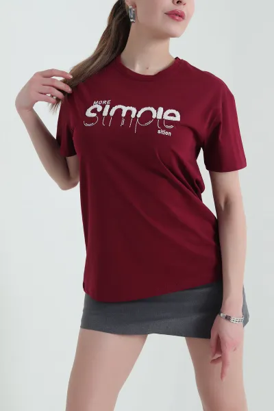 Bordo Nakışlı Bisiklet Yaka Süprem Kadın Tişört 430122