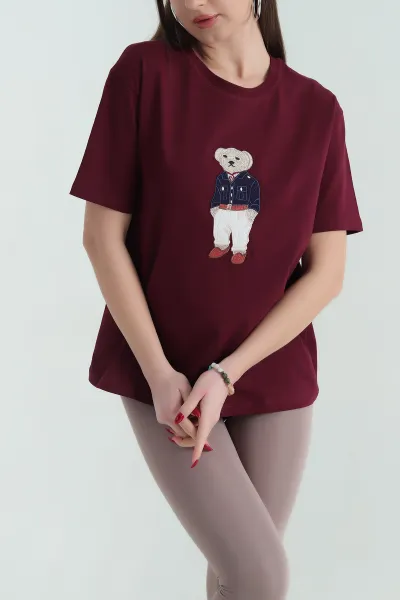 Bordo Nakışlı Bisiklet Yaka Tişört 334440