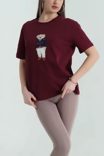 Bordo Nakışlı Bisiklet Yaka Tişört 334440
