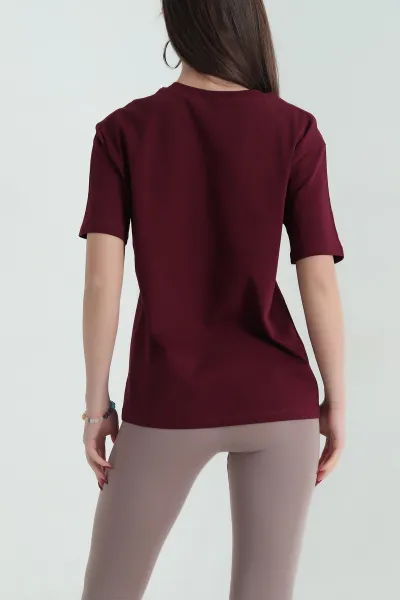 Bordo Nakışlı Bisiklet Yaka Tişört 334440