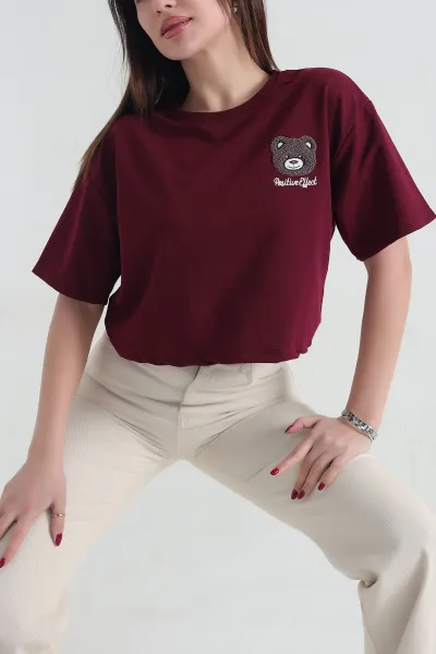 Bordo Nakışlı İki İp Bayan Tişört 337647