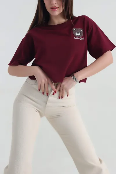 Bordo Nakışlı İki İp Bayan Tişört 337647