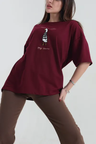 Bordo Nakışlı İki İp Kadın Tişört 337652