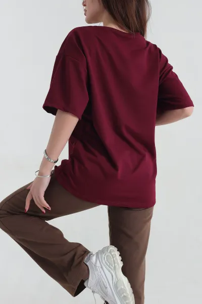 Bordo Nakışlı İki İp Kadın Tişört 337652