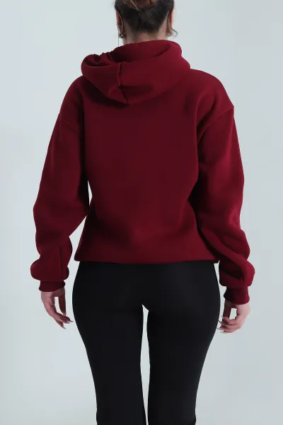 Bordo Nakışlı Kapşonlu Üç İp Kadın Sweat 492603