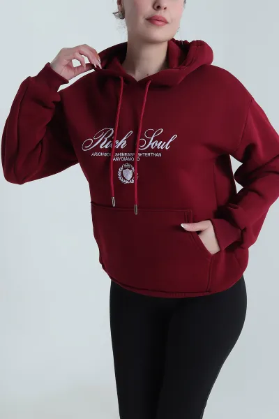 Bordo Nakışlı Kapşonlu Üç İp Kadın Sweat 492603