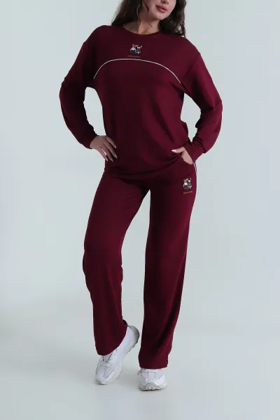 Bordo Nakışlı Kristal Kadın İkili Takım 485538
