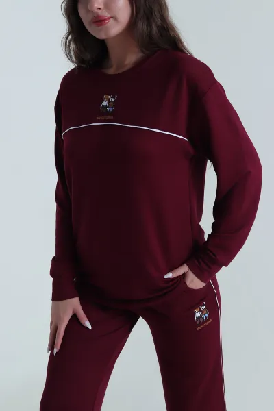 Bordo Nakışlı Kristal Kadın İkili Takım 485538