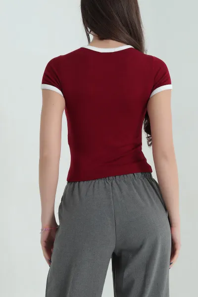 Bordo Nakışlı Likralı Viskon Kadın Bluz 347832