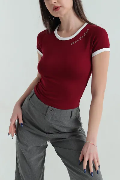 Bordo Nakışlı Likralı Viskon Kadın Bluz 347832