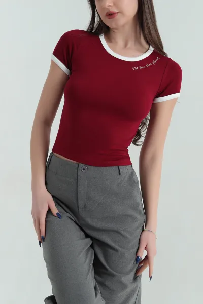 Bordo Nakışlı Likralı Viskon Kadın Bluz 347832