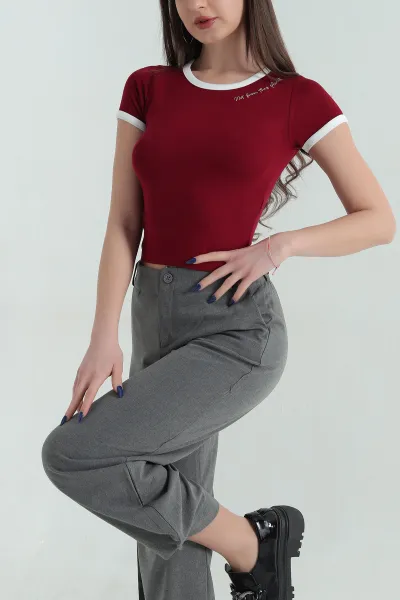 Bordo Nakışlı Likralı Viskon Kadın Bluz 347832