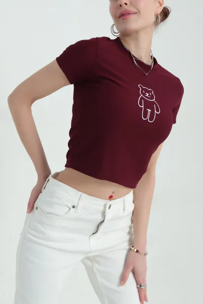 Bordo Nakışlı Ottoman Kadın Tişört 345184