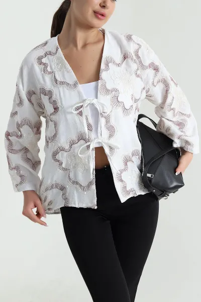 Bordo Nakışlı Pullu Müslin Kadın Kimono 461509