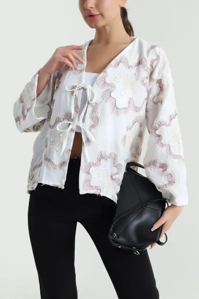 Bordo Nakışlı Pullu Müslin Kadın Kimono 461509