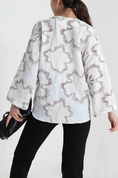 Bordo Nakışlı Pullu Müslin Kadın Kimono 461509