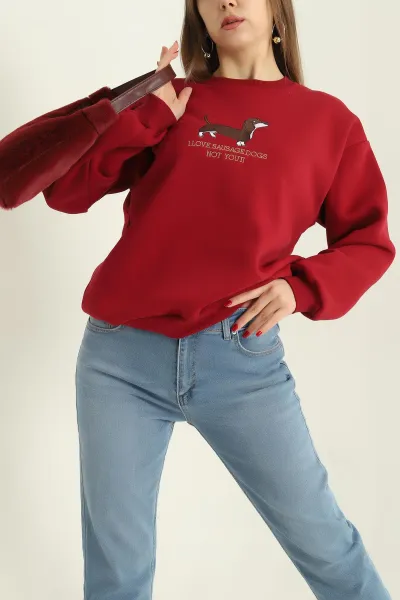 Bordo Nakışlı Şardonlu Üç İp Bayan Sweat 329632