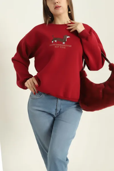 Bordo Nakışlı Şardonlu Üç İp Bayan Sweat 329632