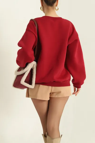 Bordo Nakışlı Şardonlu Üç İp Bayan Sweat 329641