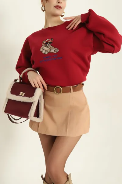 Bordo Nakışlı Şardonlu Üç İp Bayan Sweat 329641