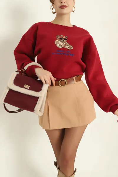 Bordo Nakışlı Şardonlu Üç İp Bayan Sweat 329641