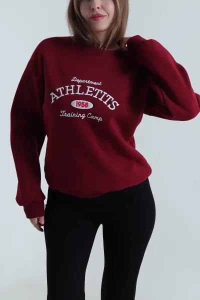 Bordo Nakışlı Şardonlu Üç İp Kadın Sweat 495057