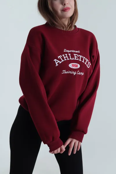 Bordo Nakışlı Şardonlu Üç İp Kadın Sweat 495057
