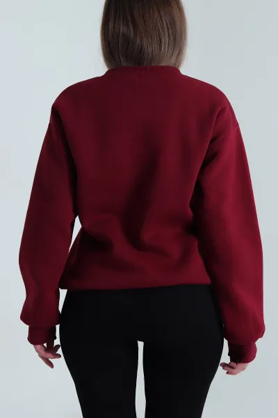 Bordo Nakışlı Şardonlu Üç İp Kadın Sweat 495057