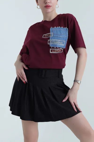 Bordo Nakışlı Süprem Kadın Tişört 438560