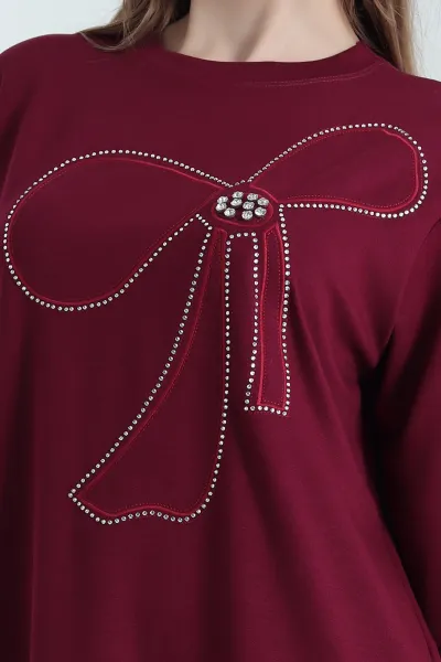 Bordo Nakışlı Taş Detaylı Oysho Kumaş Tunik 337860