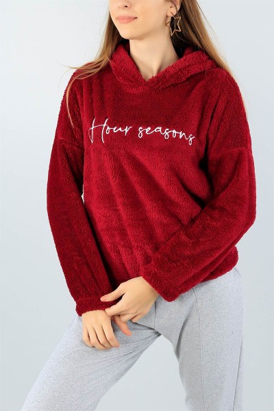 Bordo Nakışlı Yumoş Polar Sweat 44691