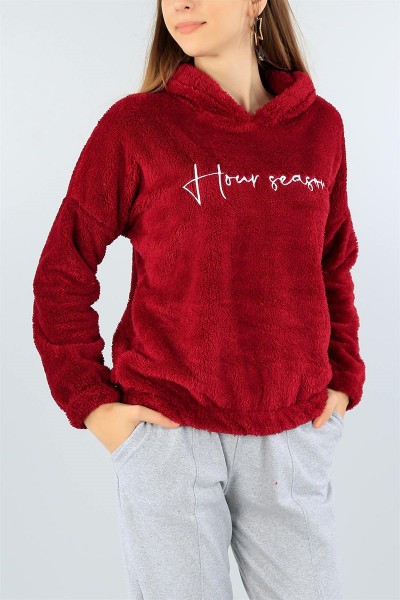 Bordo Nakışlı Yumoş Polar Sweat 44691