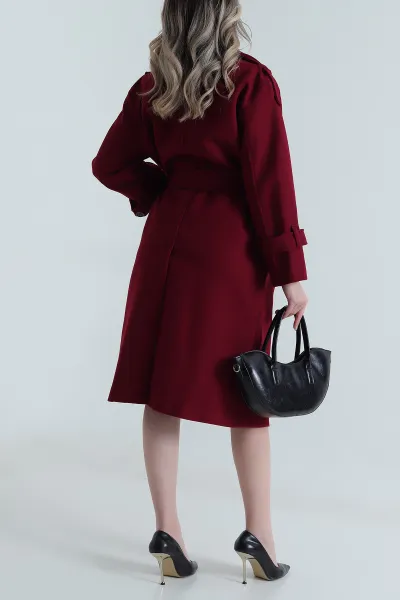 Bordo Omuzları Apoletli Kaşe Kadın Kaban 491336