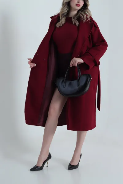 Bordo Omuzları Apoletli Kaşe Kadın Kaban 491336