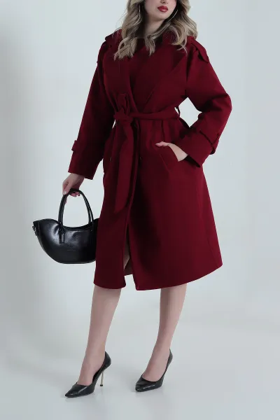 Bordo Omuzları Apoletli Kaşe Kadın Kaban 491336