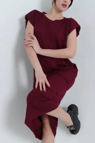 Bordo Omuzları Vatkalı Kristal Elbise 337766