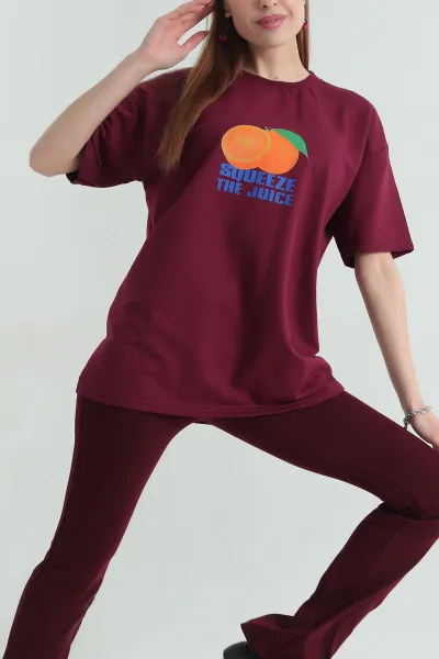 Bordo Ön ve Arka Baskılı İki İp Bisiklet Yaka Kadın Tişört 357331