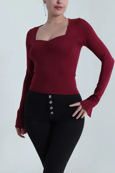 Bordo Önü Büzgülü Scuba Kadın Bluz 483691