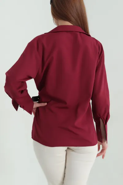 Bordo Önü Kemerli Poplin Kadın Gömlek Bluz 359958