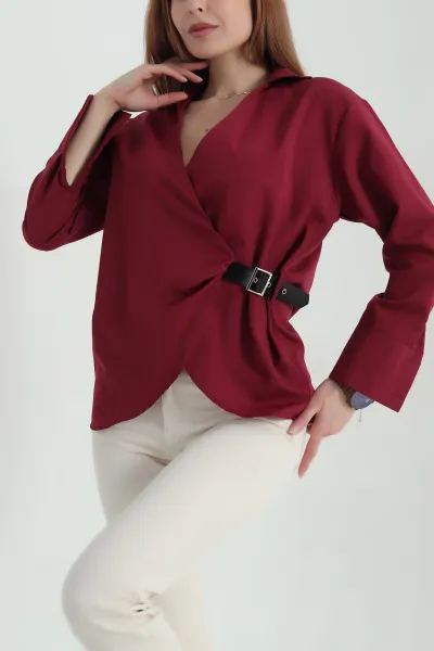 Bordo Önü Kemerli Poplin Kadın Gömlek Bluz 359958