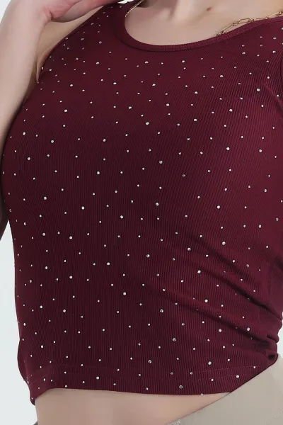 Bordo Önü Serpme Taşlı Kadın Atlet 346126