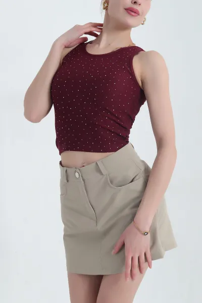 Bordo Önü Serpme Taşlı Kadın Atlet 346126