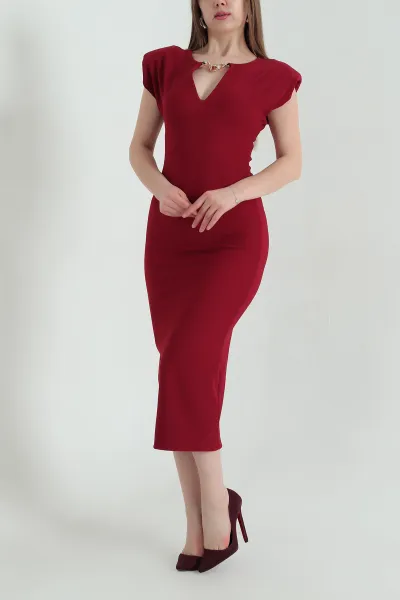 Bordo Önü Taşlı Omuzları Vatkalı Ottoman Kadın Elbise 347324