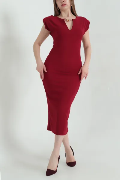 Bordo Önü Taşlı Omuzları Vatkalı Ottoman Kadın Elbise 347324