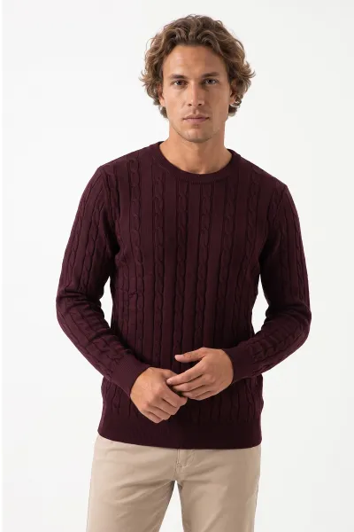 Bordo Örgü Tasarımlı Erkek Triko Kazak 491396